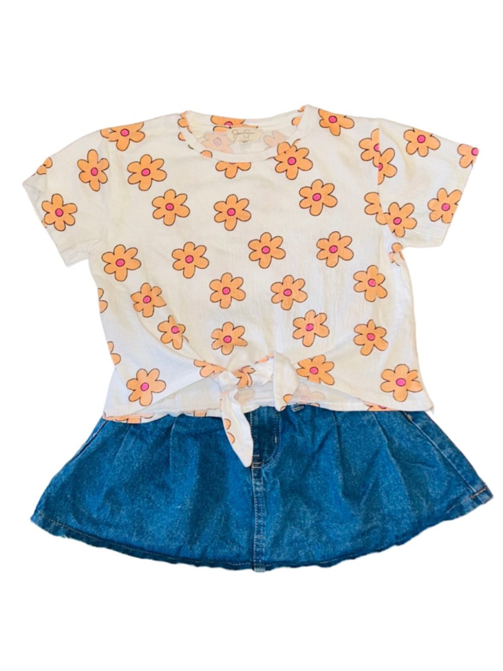 Girls Jessica Simpson Floral Tie-Front Top and Denim Skirt Set, Size 6X